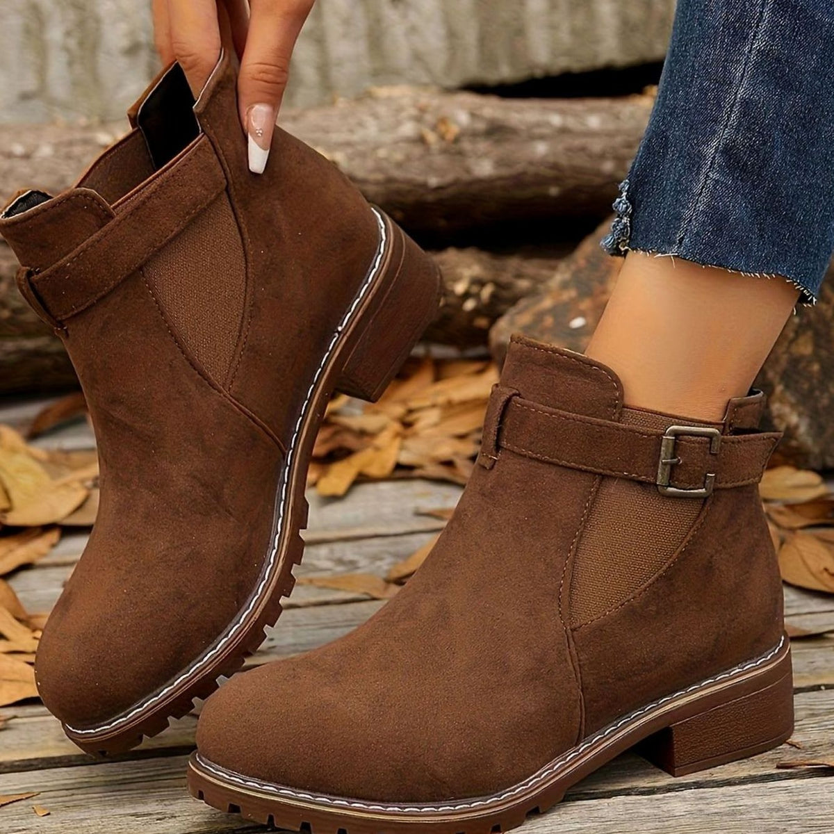 Women's Faux Suede Block Heel Ankle Boots with Buckle