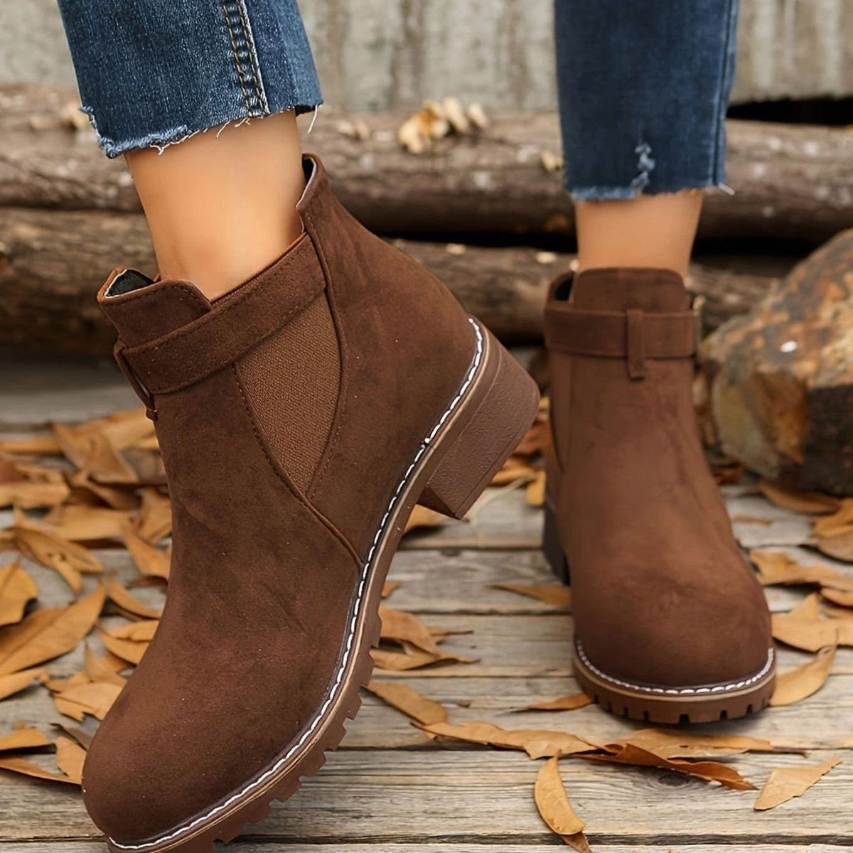 Women's Faux Suede Block Heel Ankle Boots with Buckle