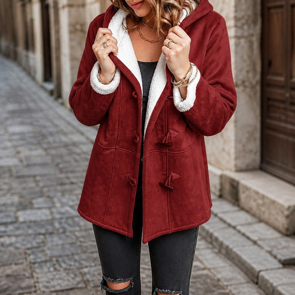 Women's Faux Suede Shearling Jacket with Hood