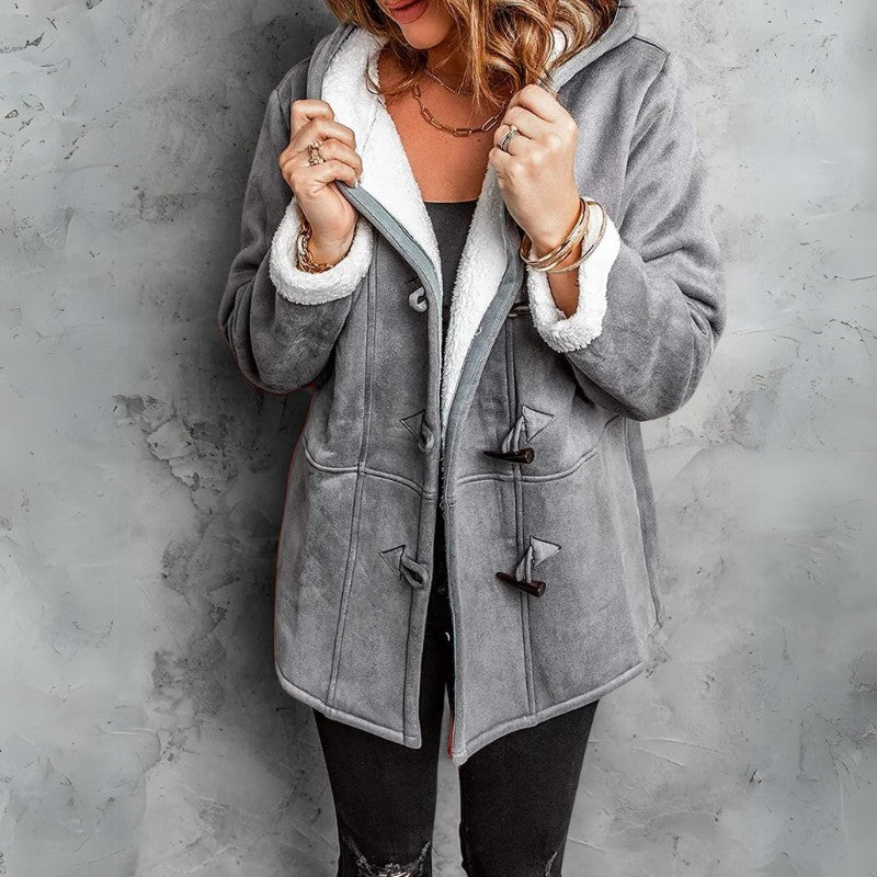 Women's Faux Suede Shearling Jacket with Hood