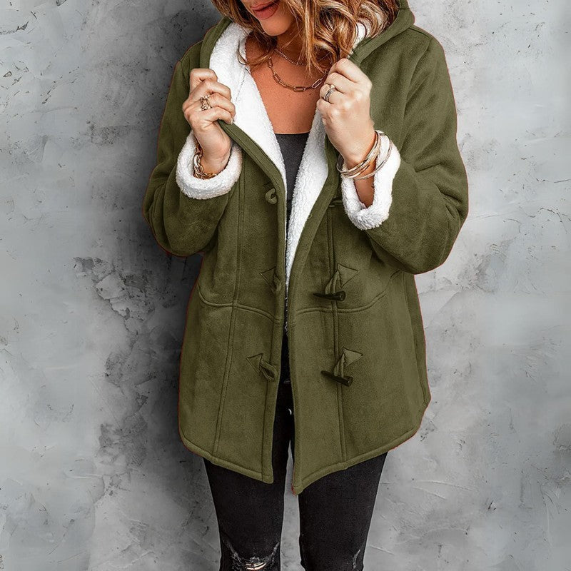 Women's Faux Suede Shearling Jacket with Hood
