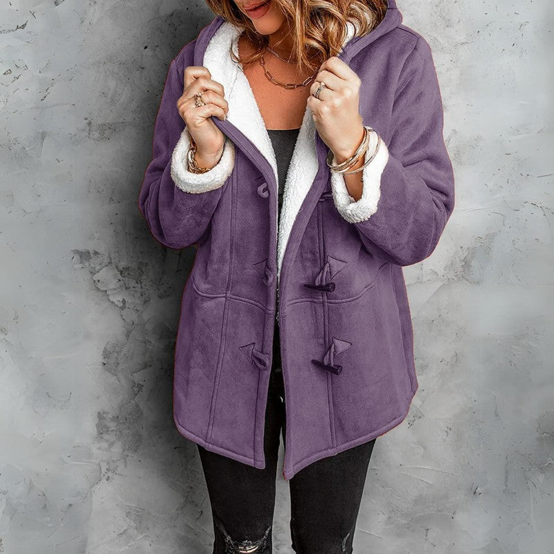 Women's Faux Suede Shearling Jacket with Hood