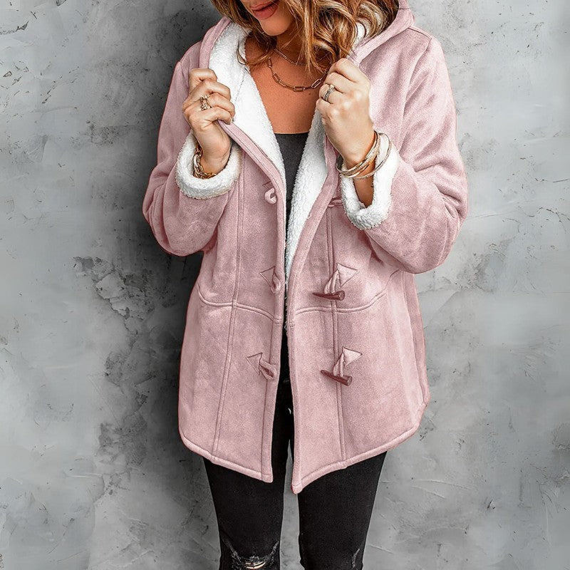 Women's Faux Suede Shearling Jacket with Hood