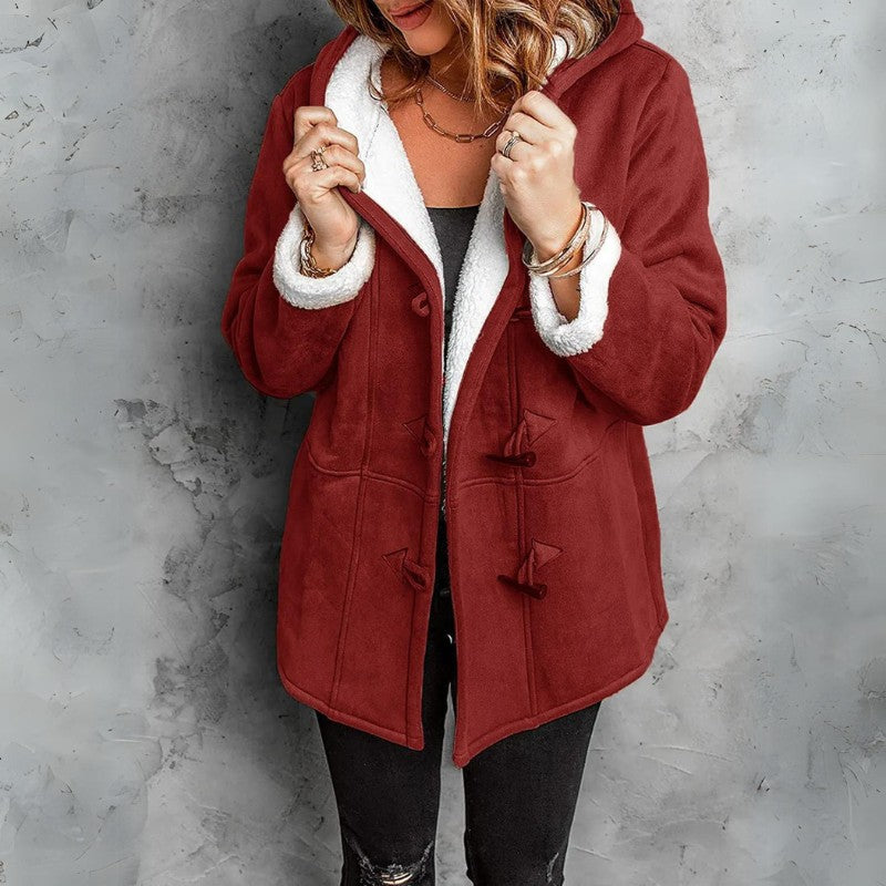 Women's Faux Suede Shearling Jacket with Hood