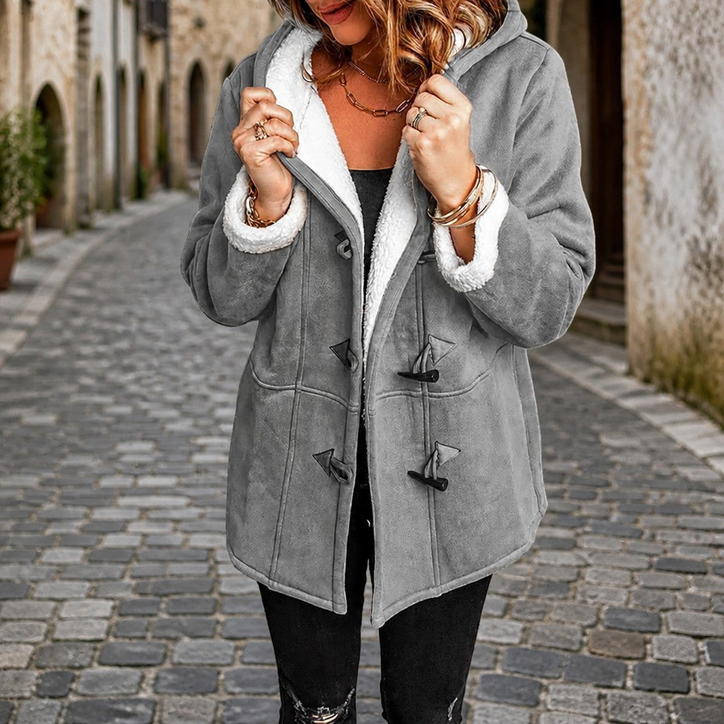 Women's Faux Suede Shearling Jacket with Hood
