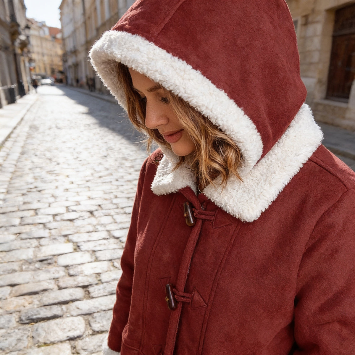 Women's Faux Suede Shearling Jacket with Hood