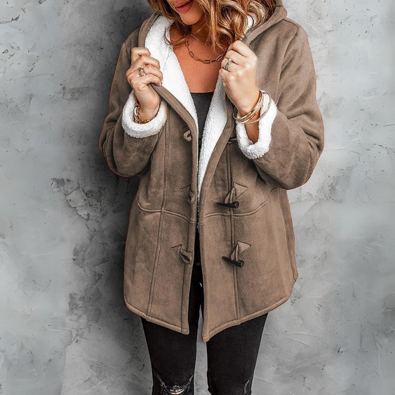 Women's Faux Suede Shearling Jacket with Hood