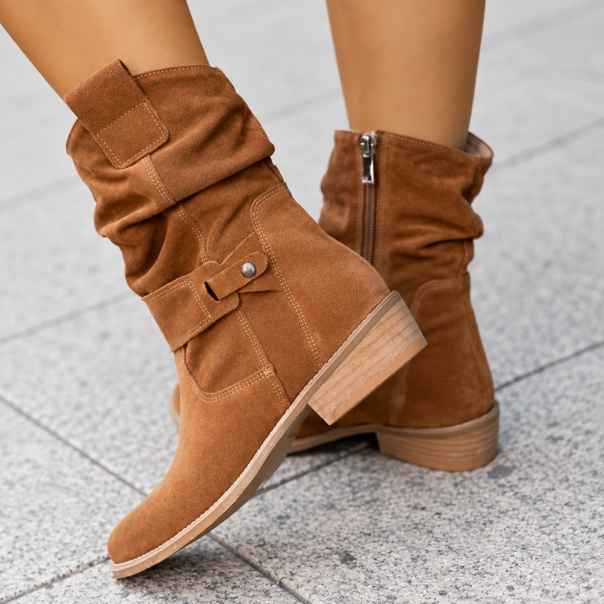 Women's Faux Suede Slouch Ankle Boots with Block Heel