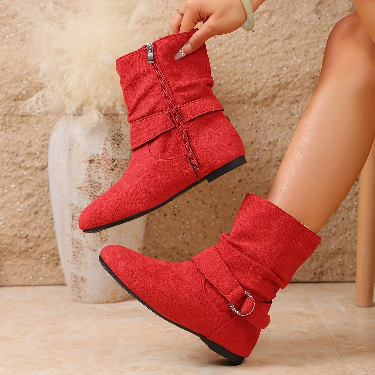 Women's Flat Knee High Boots with Slouch Shaft and Buckle