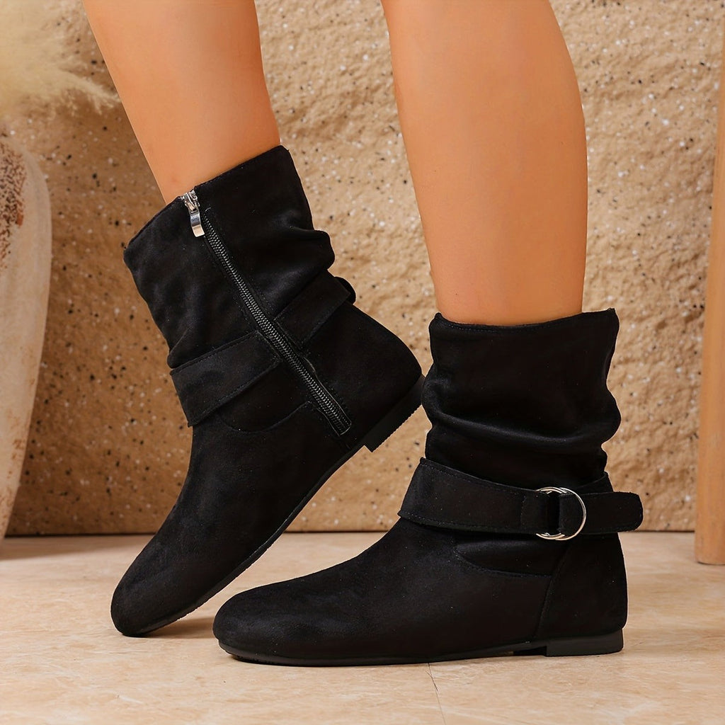 Women's Flat Knee High Boots with Slouch Shaft and Buckle
