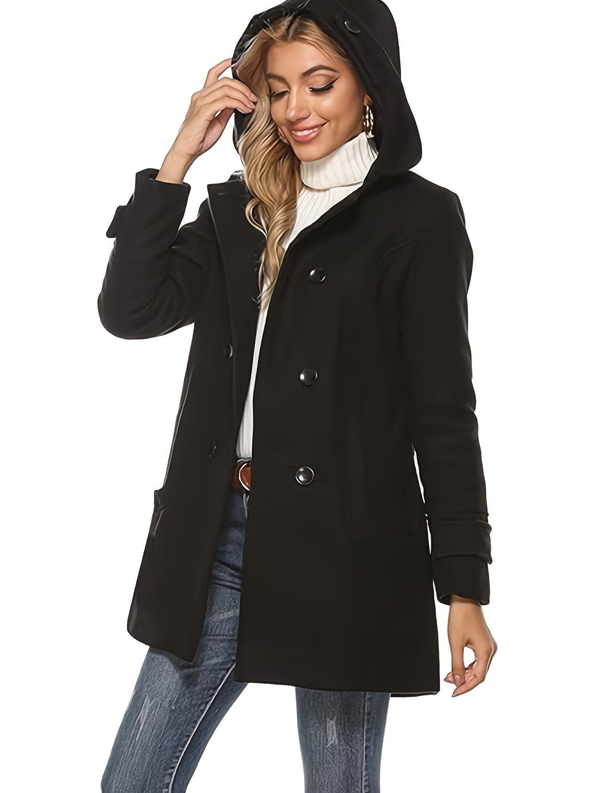 Women's Hooded Double-Breasted Mid-Length Overcoat