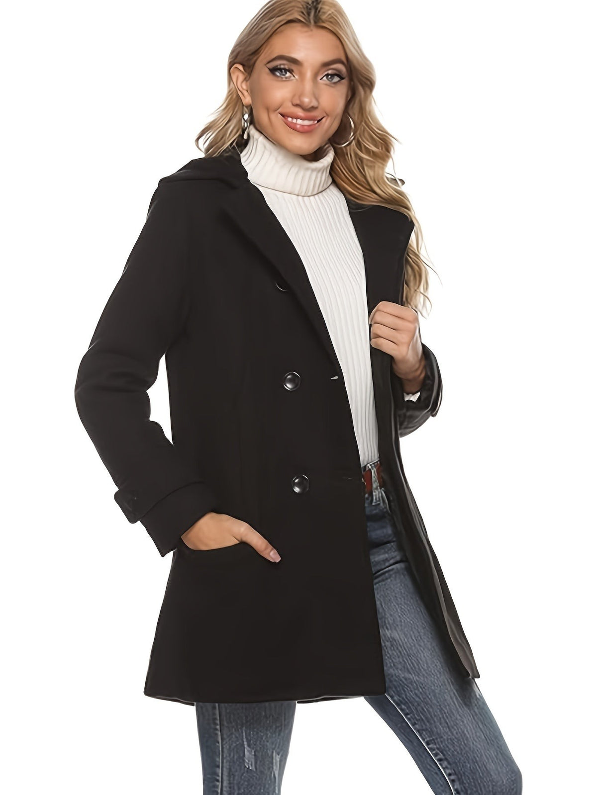 Women's Hooded Double-Breasted Mid-Length Overcoat
