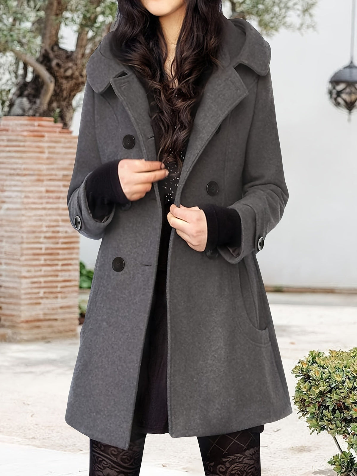 Women's Hooded Double-Breasted Mid-Length Overcoat