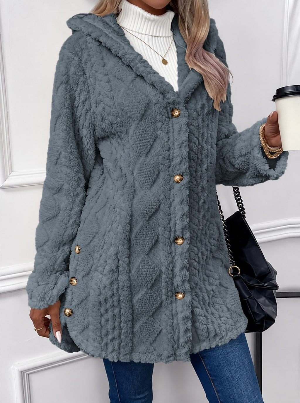 Women's Hooded Teddy Jacket with Gold Buttons