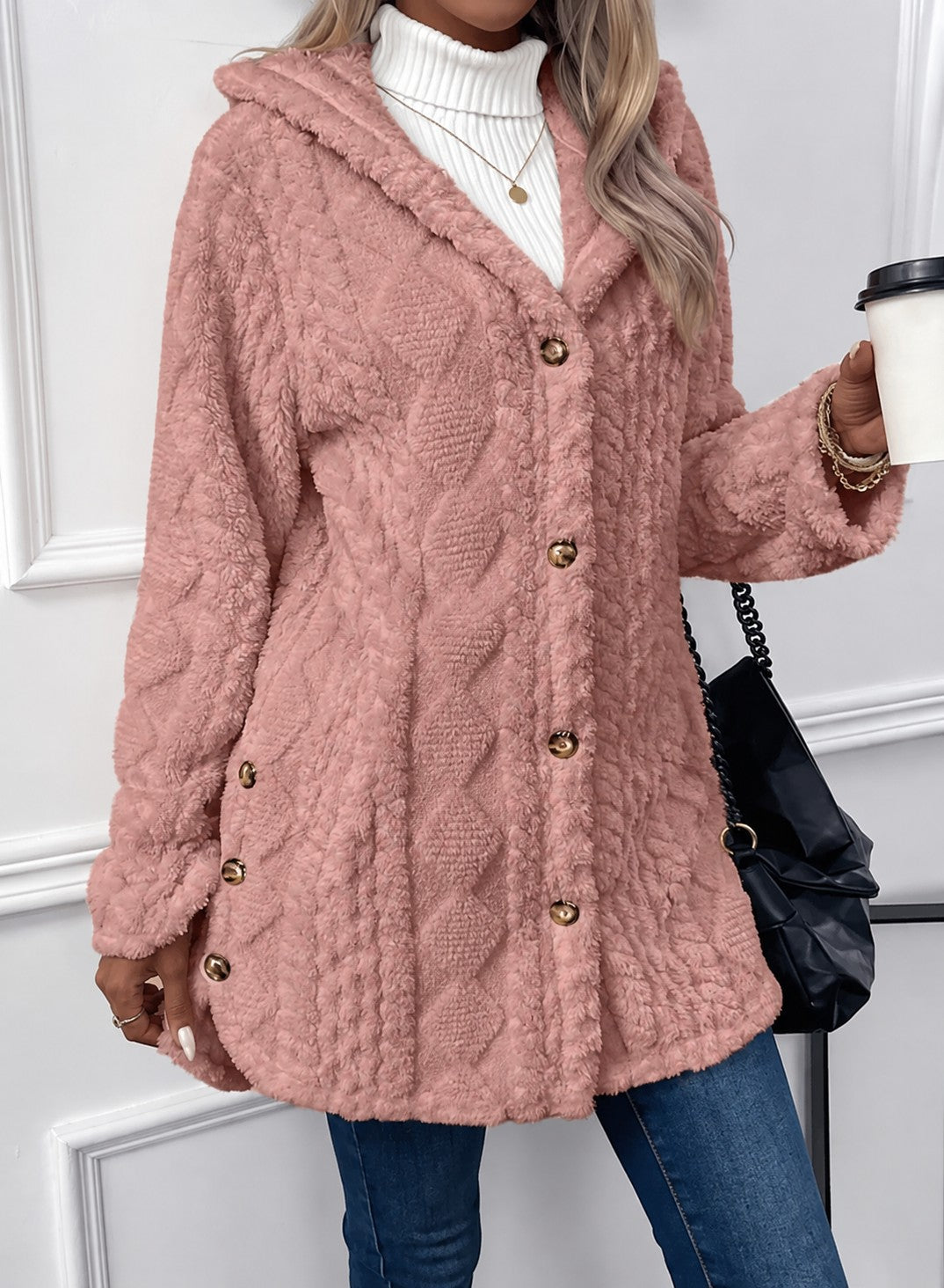 Women's Hooded Teddy Jacket with Gold Buttons