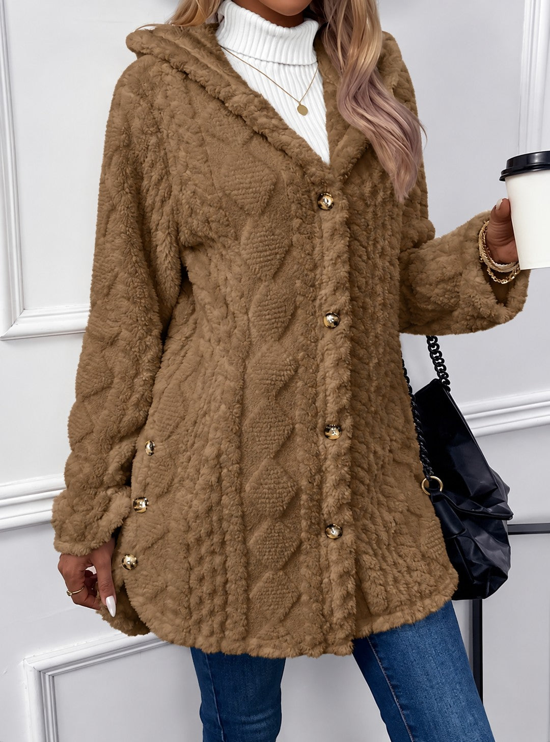 Women's Hooded Teddy Jacket with Gold Buttons