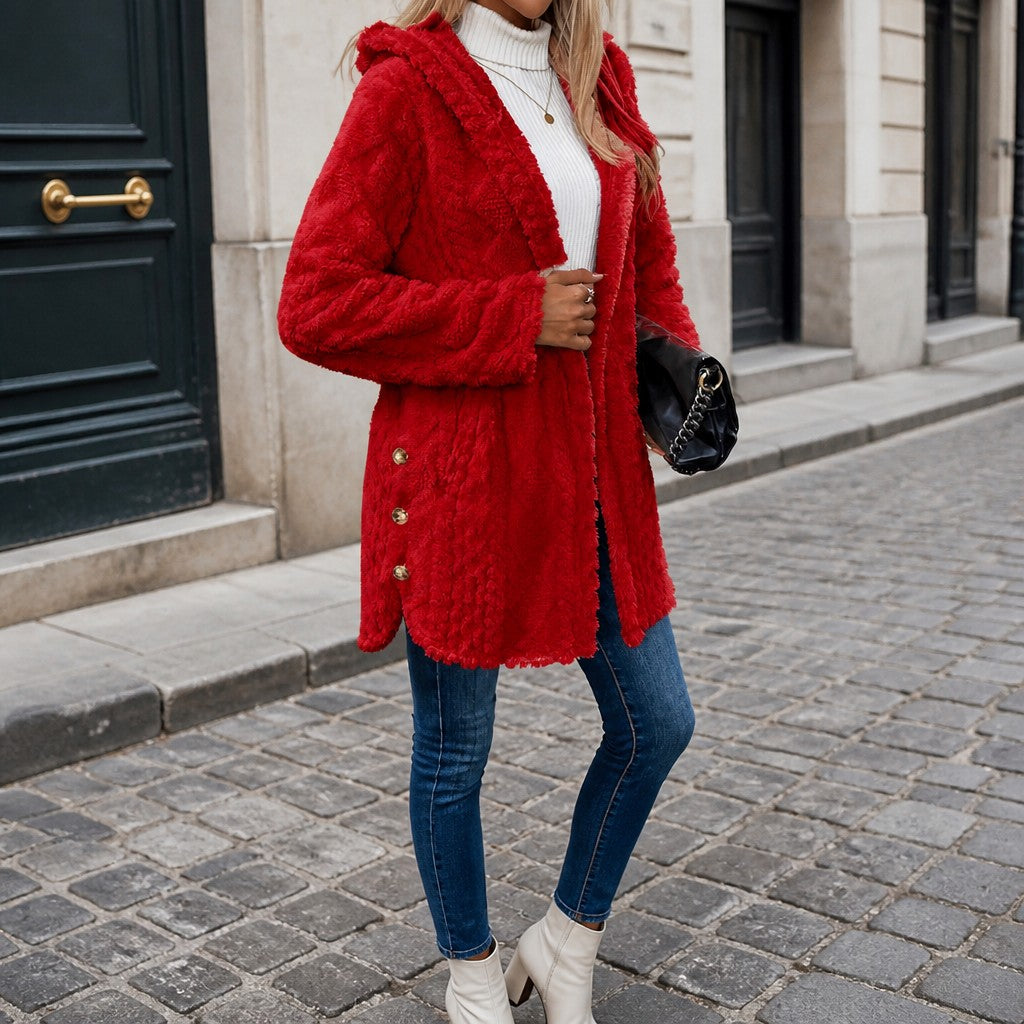 Women's Hooded Teddy Jacket with Gold Buttons