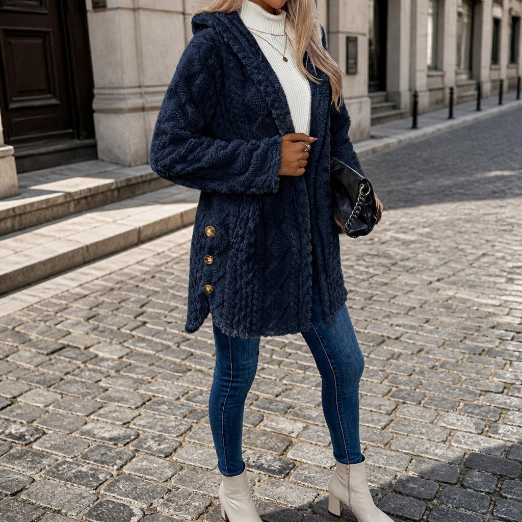 Women's Hooded Teddy Jacket with Gold Buttons