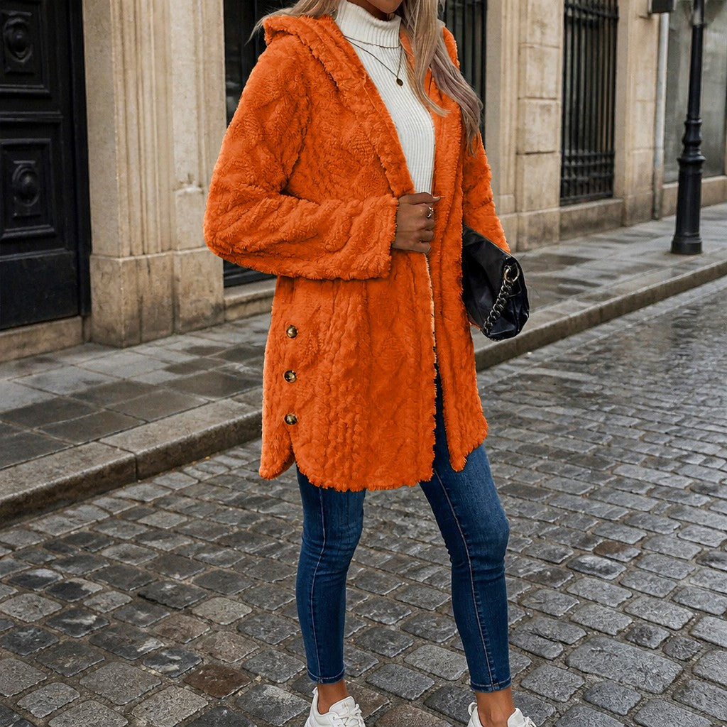 Women's Hooded Teddy Jacket with Gold Buttons