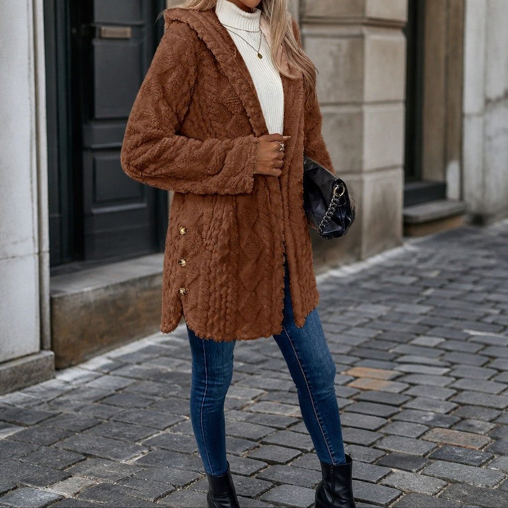 Women's Hooded Teddy Jacket with Gold Buttons