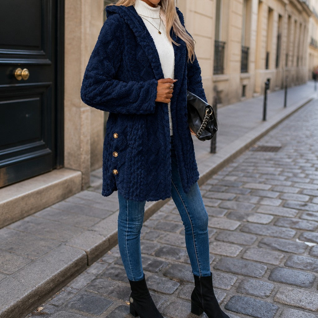 Women's Hooded Teddy Jacket with Gold Buttons