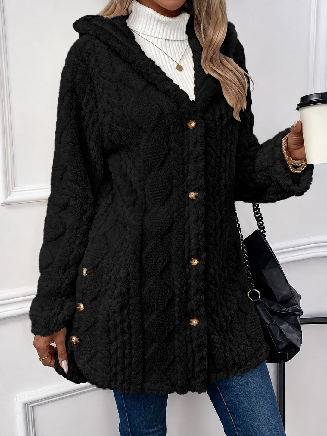 Women's Hooded Teddy Jacket with Gold Buttons