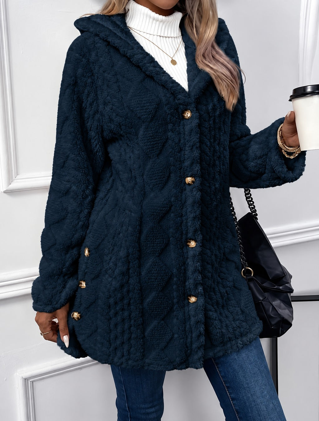 Women's Hooded Teddy Jacket with Gold Buttons