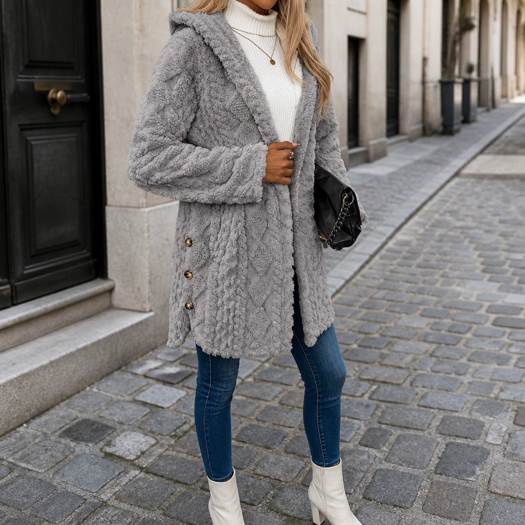 Women's Hooded Teddy Jacket with Gold Buttons