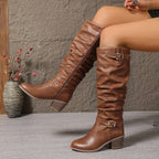 Women's Knee High Boots with Block Heel and Buckles