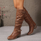 Women's Knee High Boots with Block Heel and Buckles
