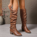 Women's Knee High Boots with Block Heel and Buckles