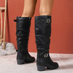 Women's Knee High Boots with Block Heel and Buckles