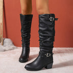 Women's Knee High Boots with Block Heel and Buckles