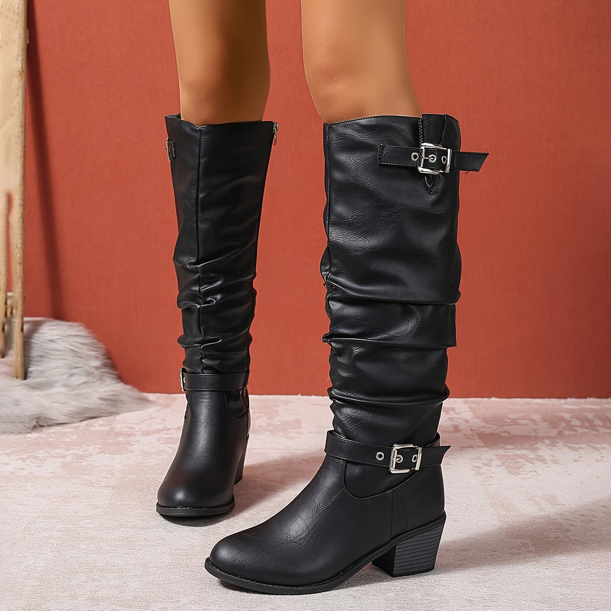 Women's Knee High Boots with Block Heel and Buckles