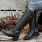 Women's Knee High Boots with Buckle Detail and Side Zip