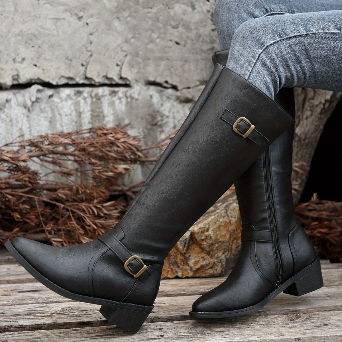 Women's Knee High Boots with Buckle Detail and Side Zip