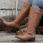 Women's Knee High Boots with Buckle Detail and Side Zip
