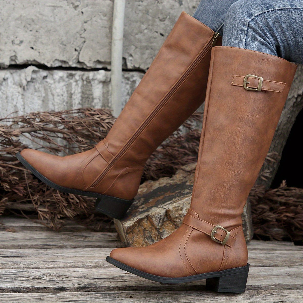 Women's Knee High Boots with Buckle Detail and Side Zip