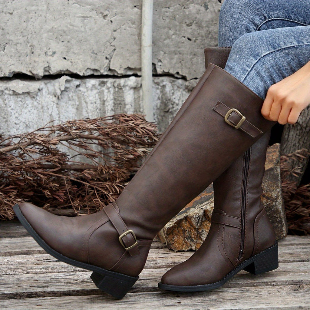 Women's Knee High Boots with Buckle Detail and Side Zip