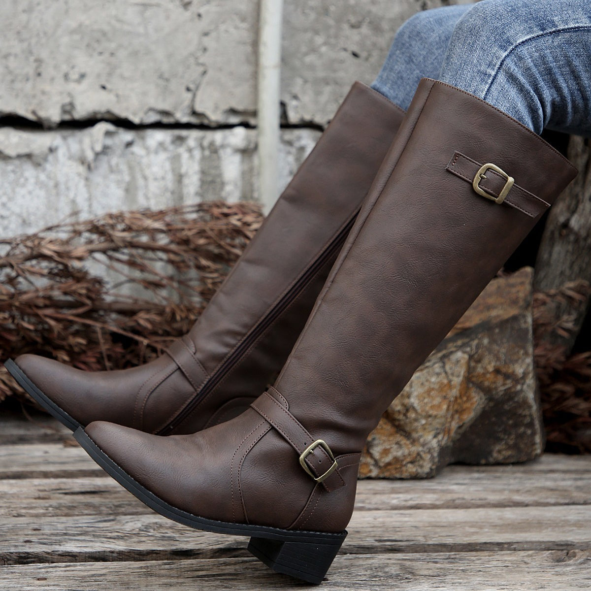 Women's Knee High Boots with Buckle Detail and Side Zip