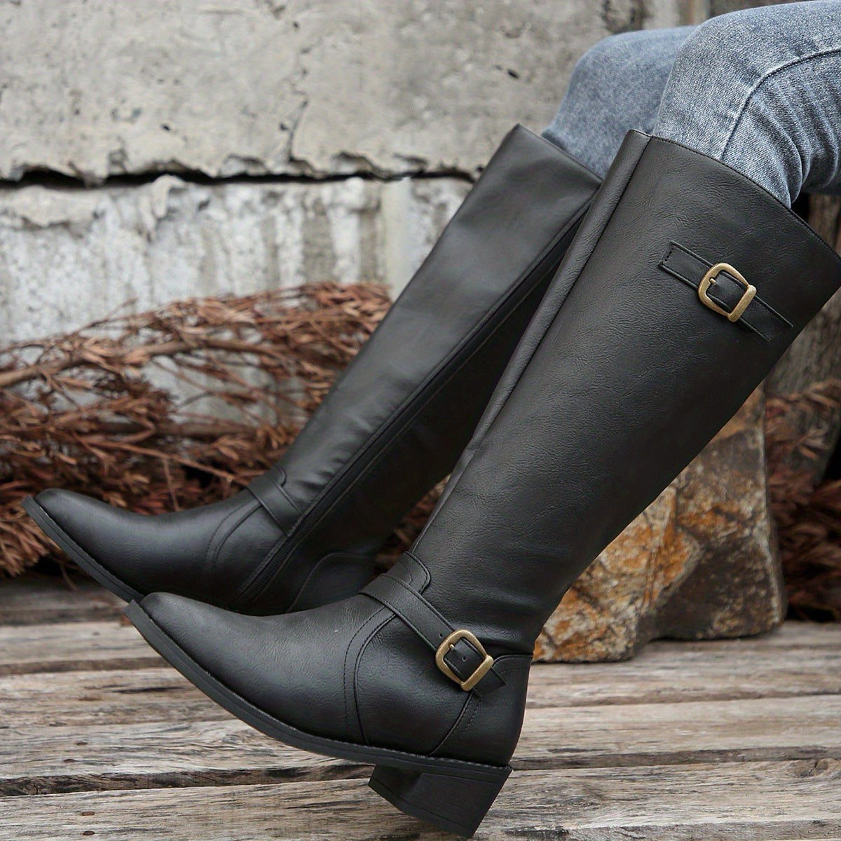 Women's Knee High Boots with Buckle Detail and Side Zip