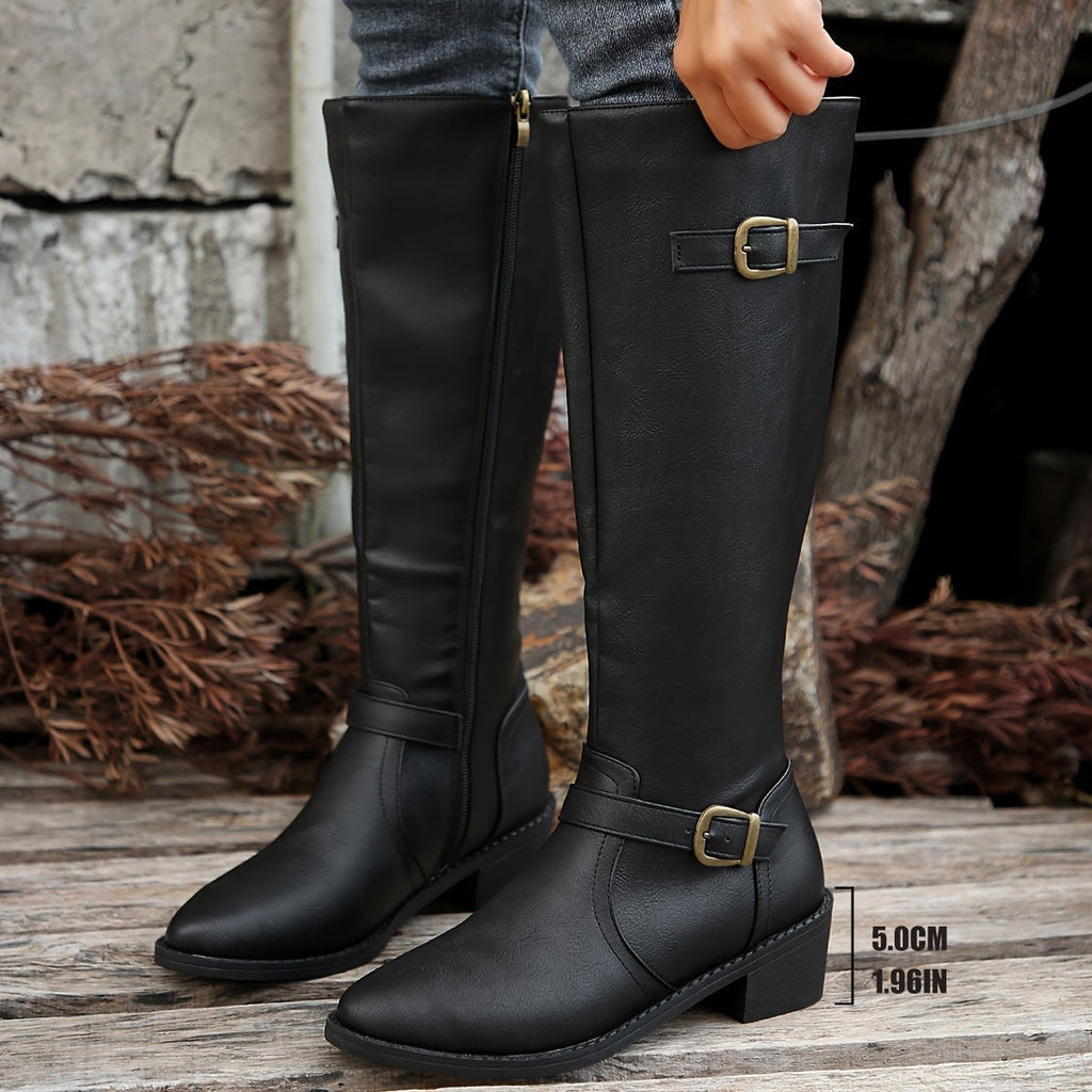 Women's Knee High Boots with Buckle Detail and Side Zip