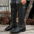Women's Knee High Boots with Buckle Detail and Side Zip