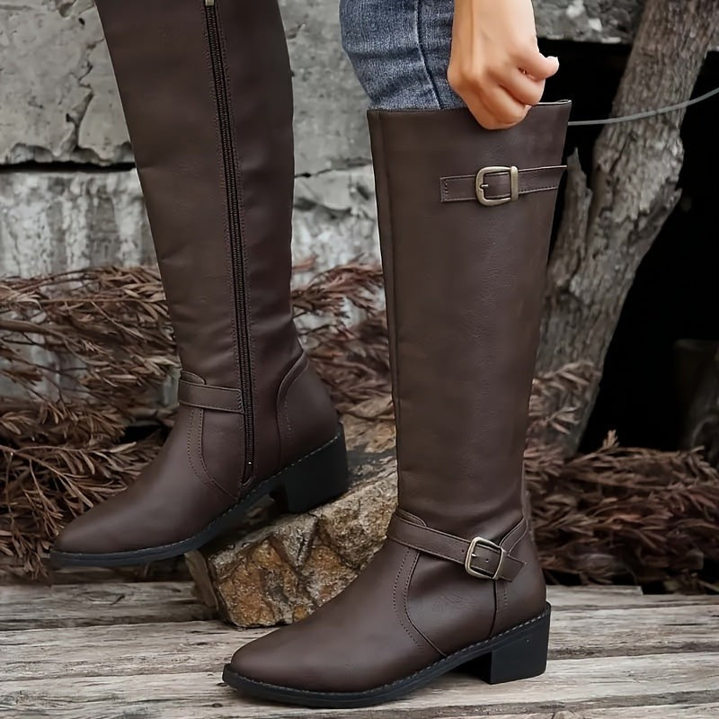 Women's Knee High Boots with Buckle Detail and Side Zip