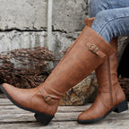 Women's Knee High Boots with Buckle Detail and Side Zip