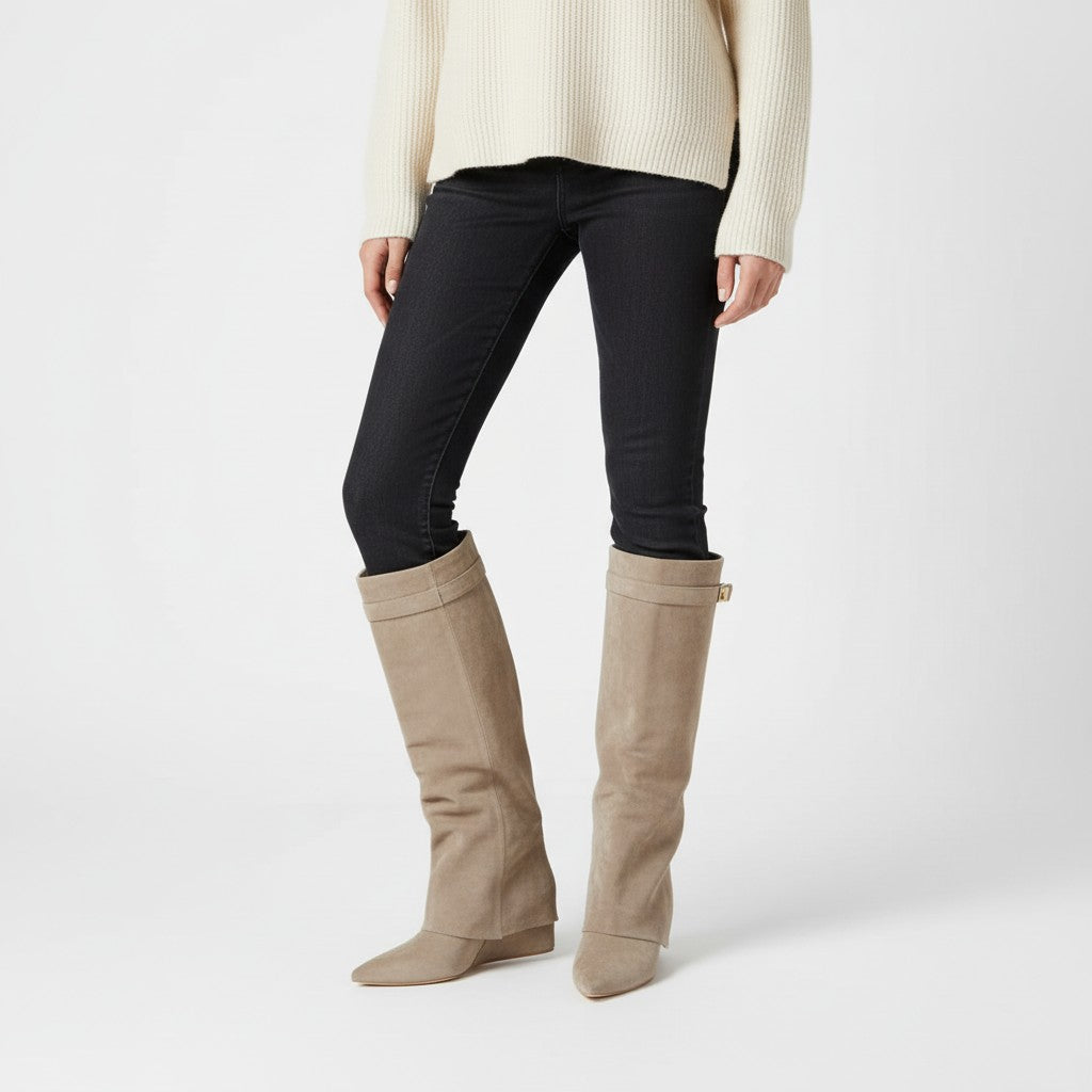 Women's Knee High Boots with Fold-Over Cuff and Block Heel