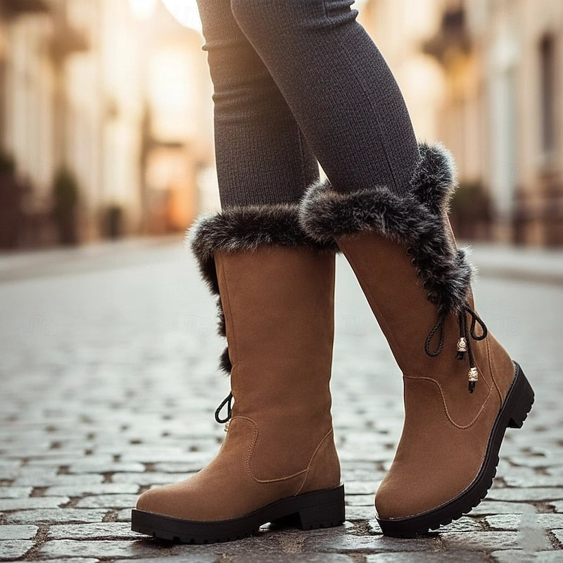 Women's Knee High Boots with Fur Trim and Block Heel