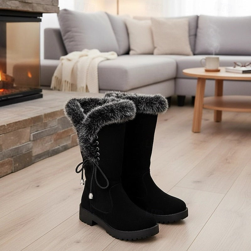 Women's Knee High Boots with Fur Trim and Block Heel