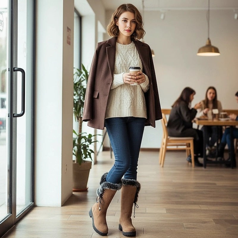 Women's Knee High Boots with Fur Trim and Block Heel