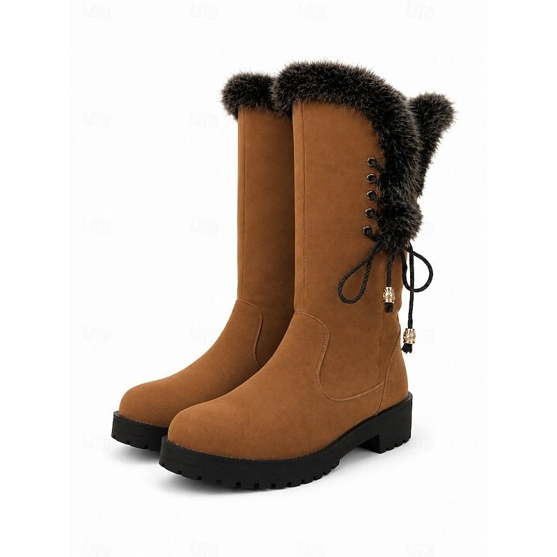 Women's Knee High Boots with Fur Trim and Block Heel